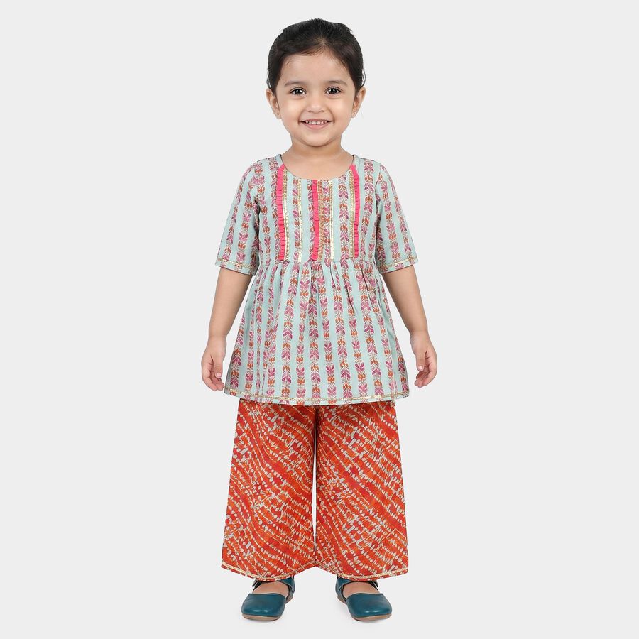 Girls Mint Green Round Neck Fusion Set Upper and Bottom Set, हल्का हरा, large
