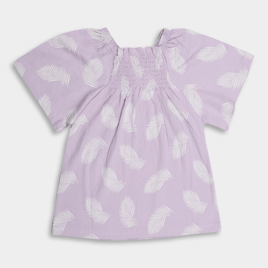 Girls' Lavender Cotton Smocked Neck Short Sleeve T-Shirt, लाइलेक, large image number null