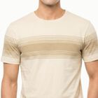 Men's Cream Cotton Round Neck Striped Regular T-Shirt, Off White, small