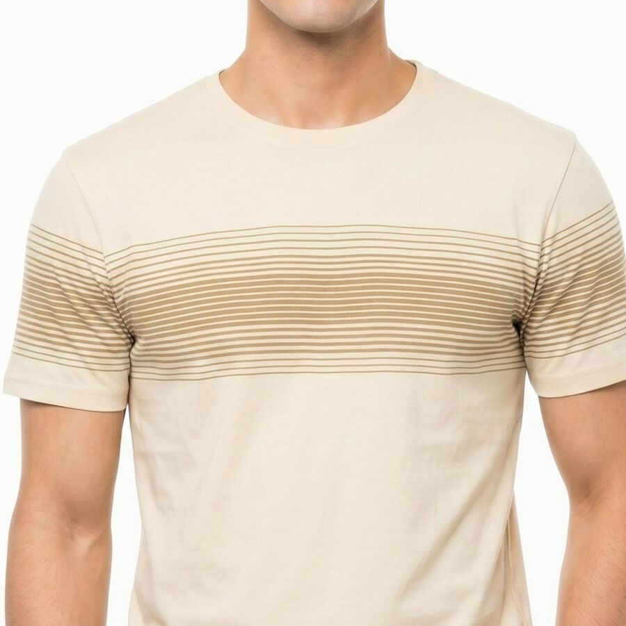 Men's Cream Cotton Round Neck Striped Regular T-Shirt, Off White, large