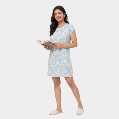 Women's Light Blue Round Neck T-Shirt Style Nighty