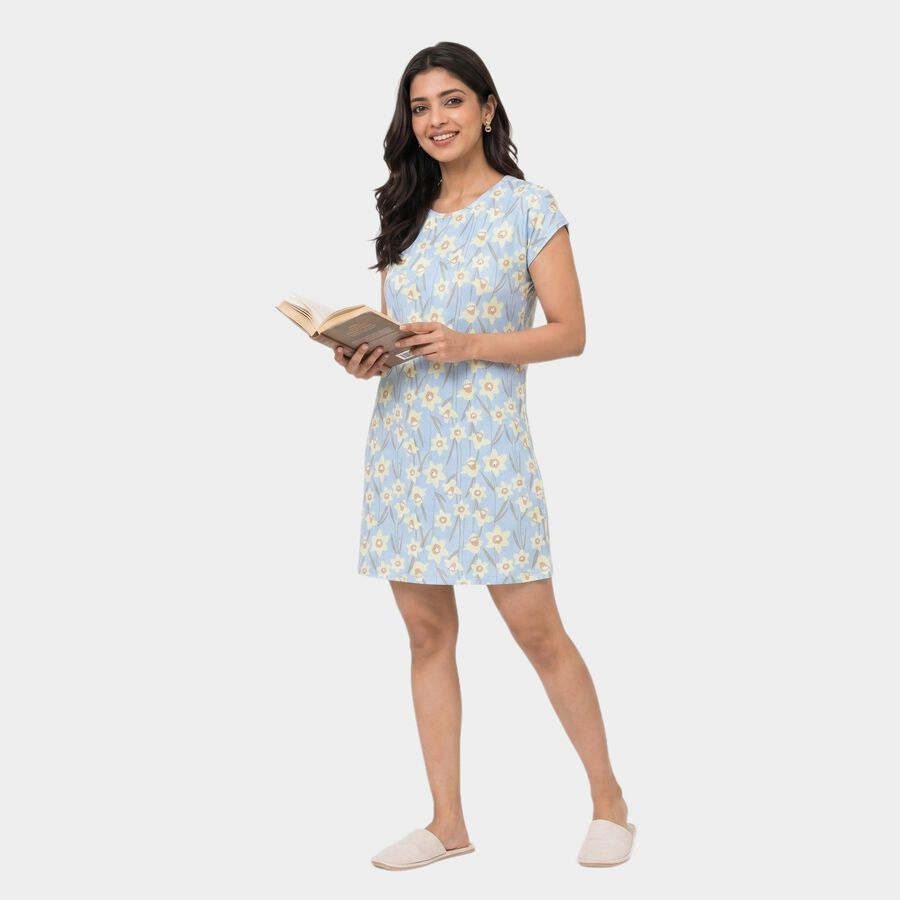 Women's Light Blue Round Neck T-Shirt Style Nighty, हल्का नीला, large