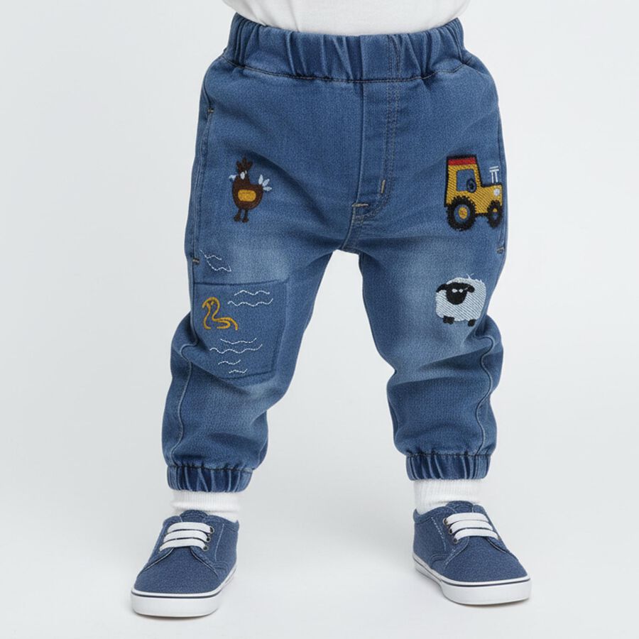 Infant Muted Denim Blue Relaxed Fit Embroidered Jeans, गहरा नीला, large image number null