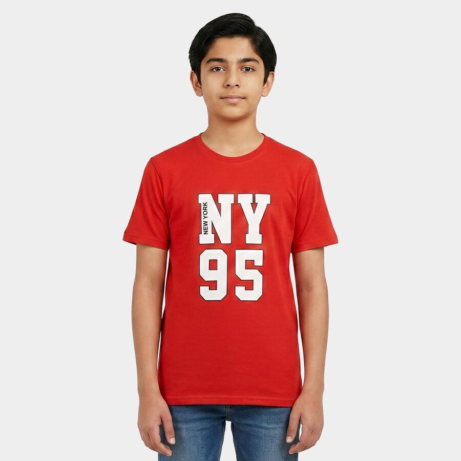 Boys Red Crew Neck Regular Boys T-Shirt, लाल, large