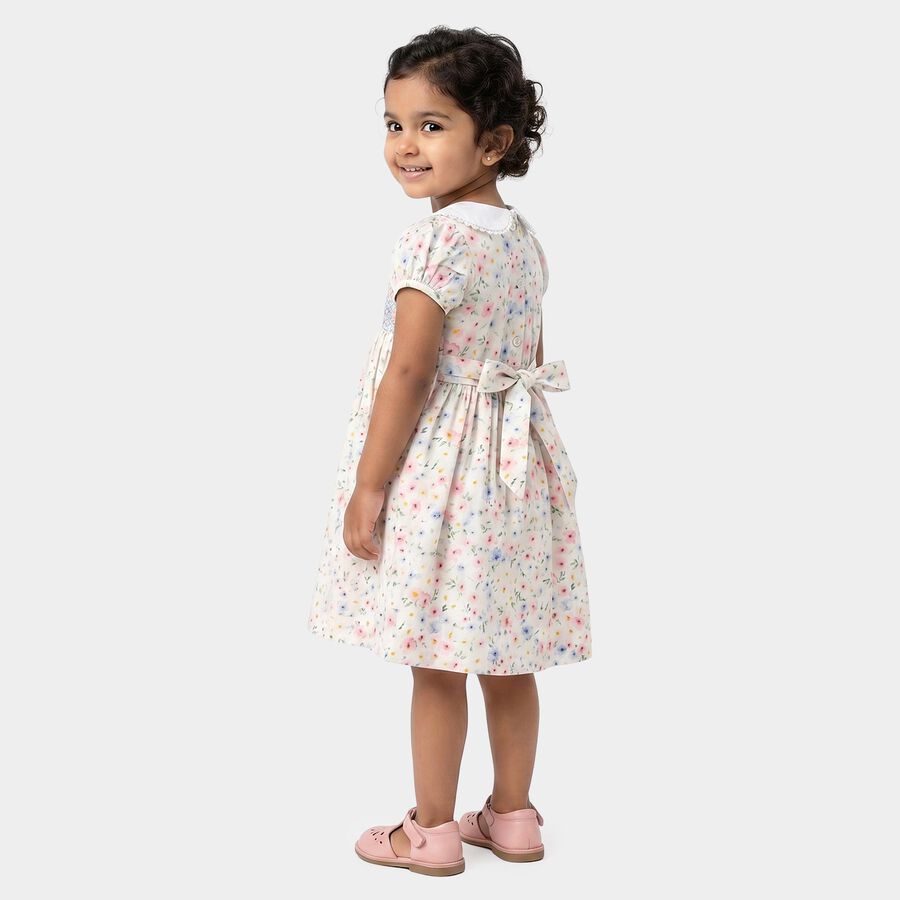 Girls' White Floral Printed Smocked Fit and Flare Frock, Off White, large