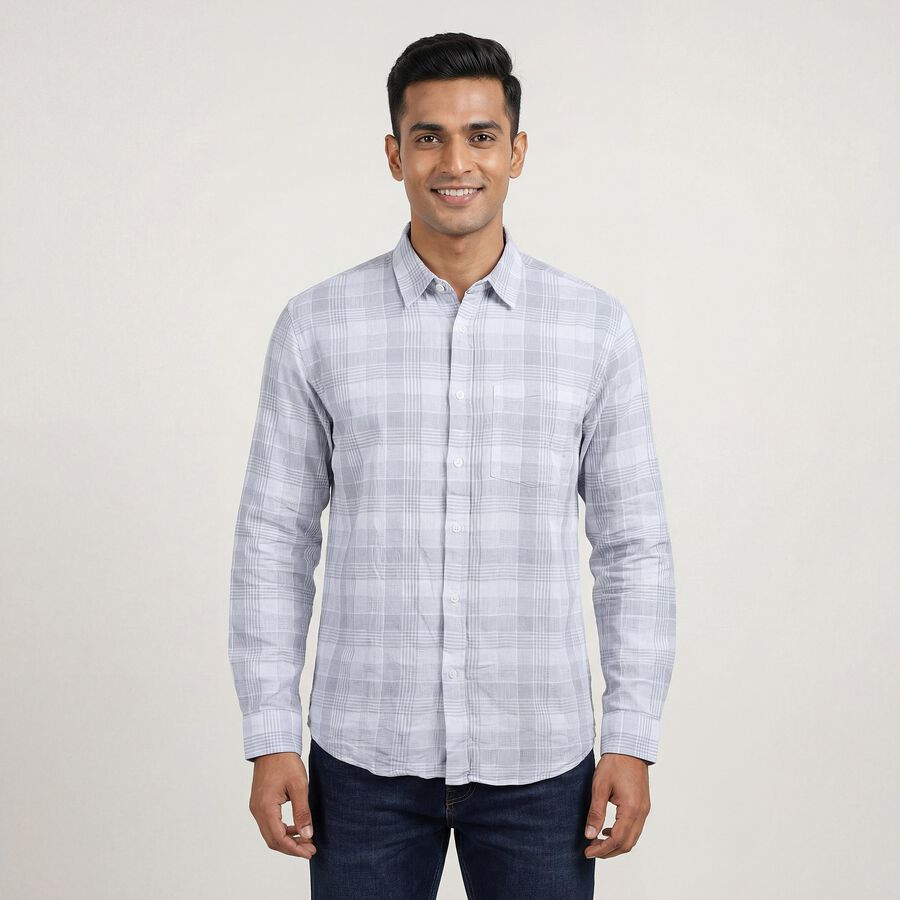 Men's Grey Cotton Classic Casual Shirt, Light Grey, large