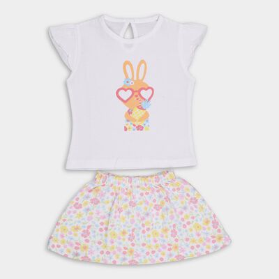 Girls' White Cotton Cap Sleeve Top and Floral Skirt Set