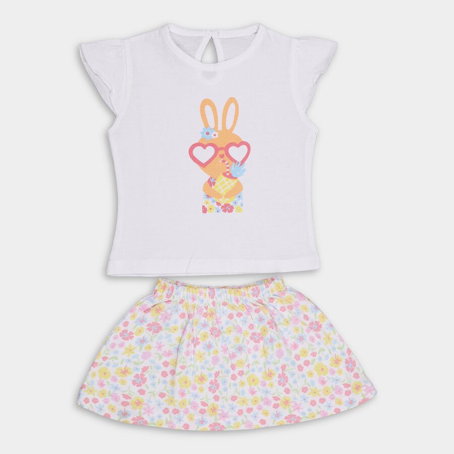 Girls' White Cotton Cap Sleeve Top and Floral Skirt Set, White, large image number null