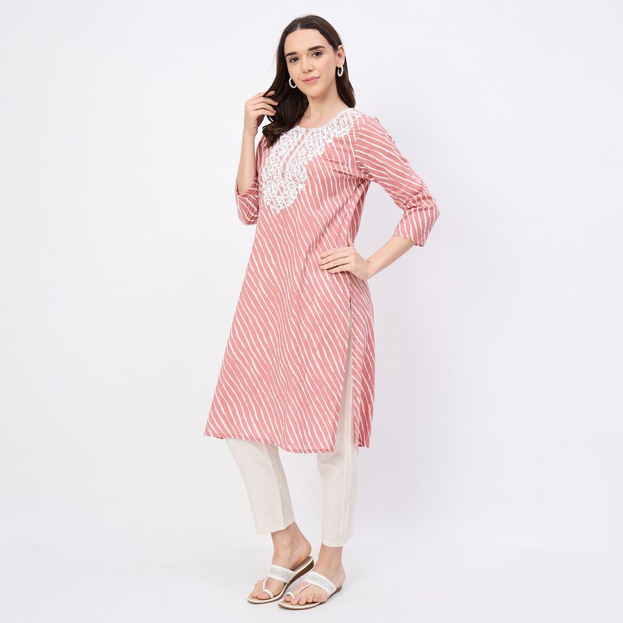 Women's Soft Rose Pink 100% Cotton Round Neck Straight Kurta, गुलाबी, large