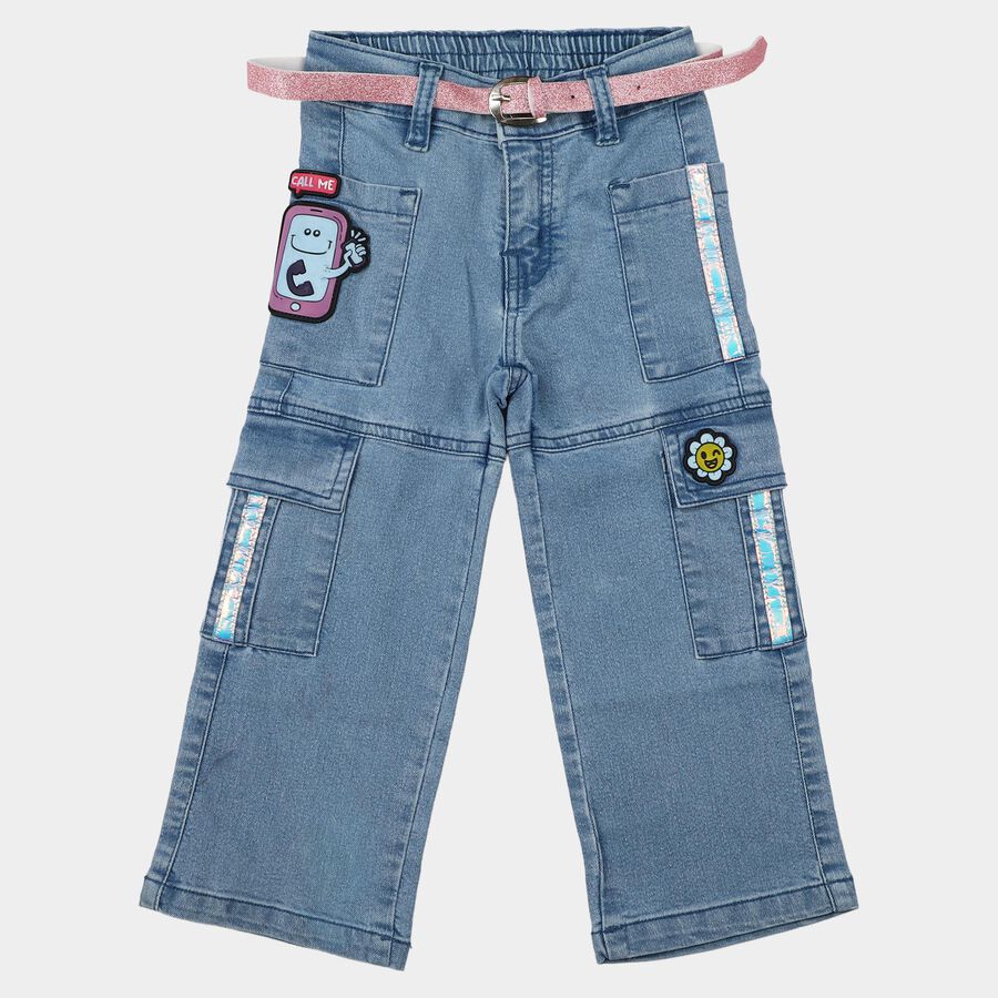 Girls' Light Blue Cargo Fit Patch Detail Jeans, हल्का नीला, large