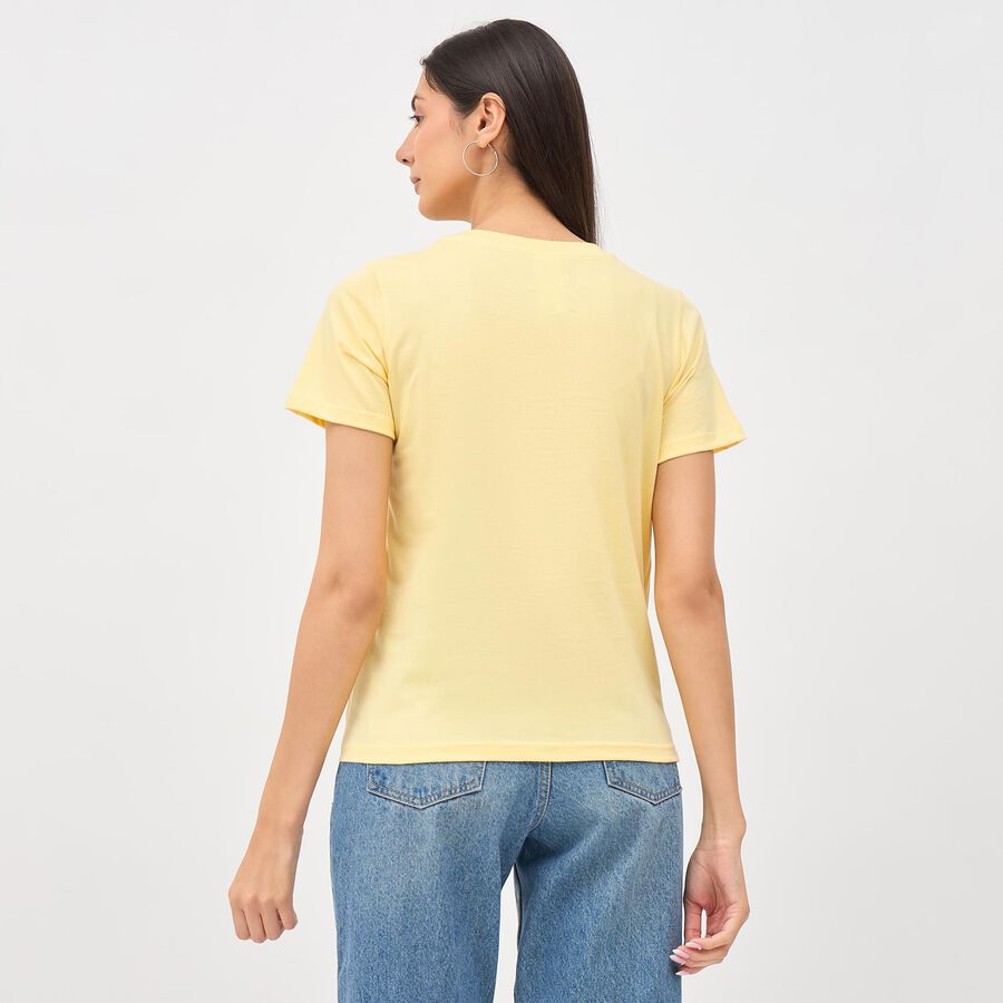 Ladies Light Yellow Cotton Round Neck Embellished T-Shirt, Yellow, large image number null