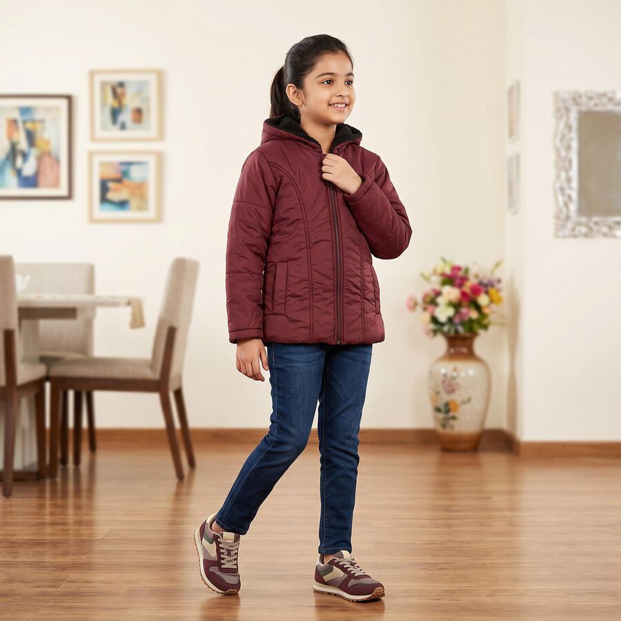 Girls' Wine Hooded Puffer Jacket, Wine, large