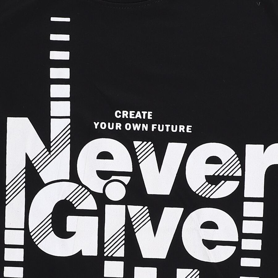 Boys Jet Black Round Neck Casual T-Shirt, काला, large image number null