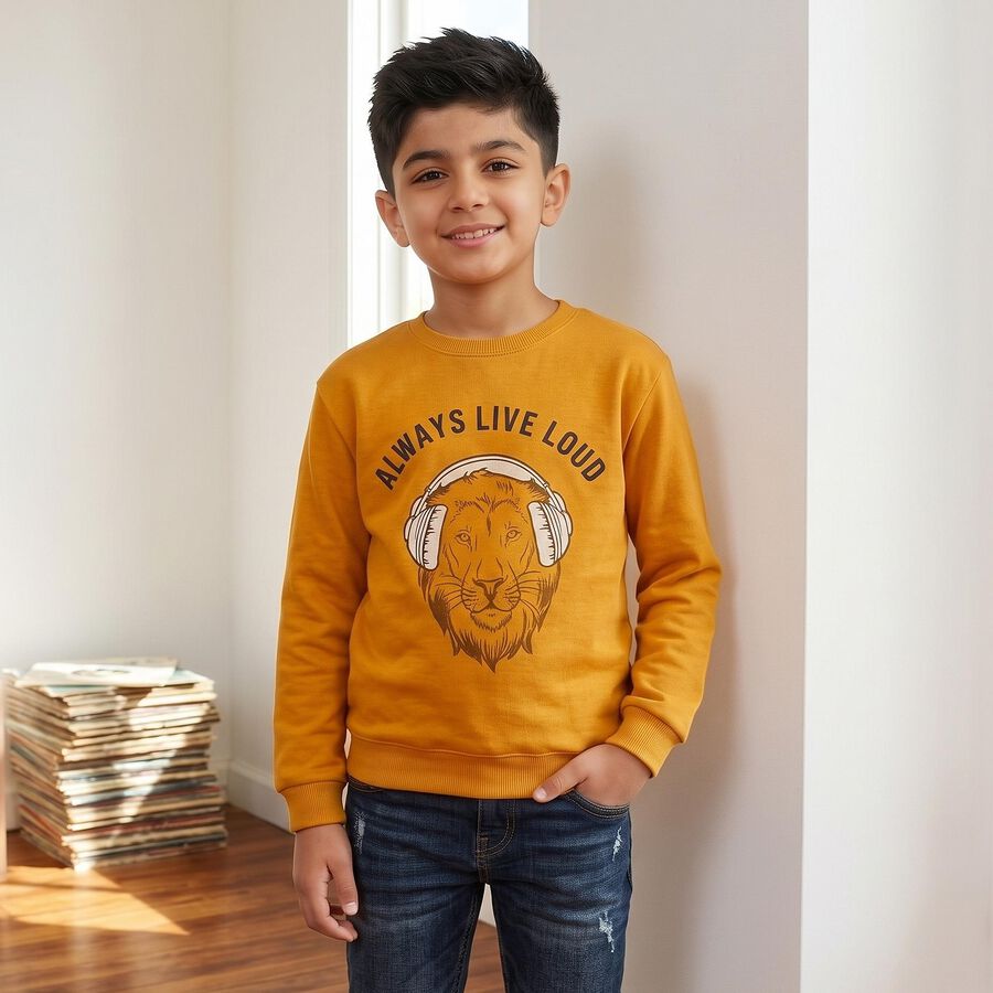 Boys' Mustard Crew Neck Pullover Sweatshirt, Mustard, large