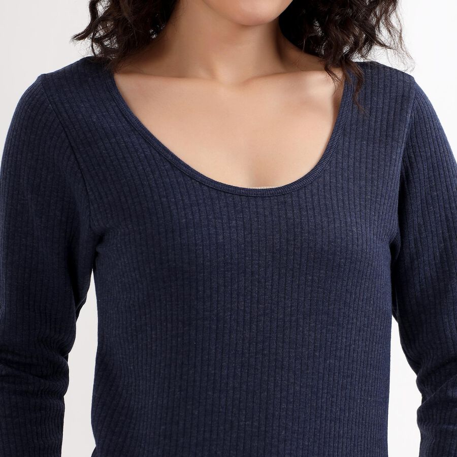 Women's Deep Midnight Navy Blue Scoop Neck Thermal, मध्यम नीला, large image number null