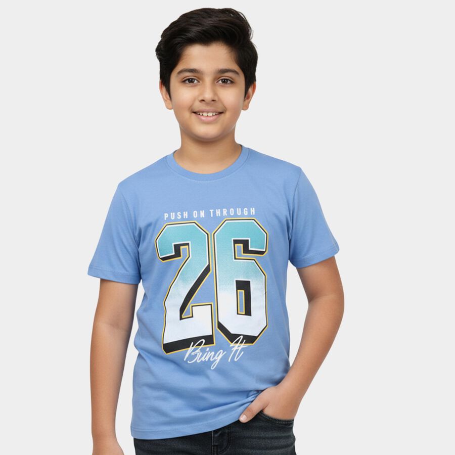 Boys' Navy Blue Round Neck Graphic Printed Casual T-Shirt, Mid Blue, large