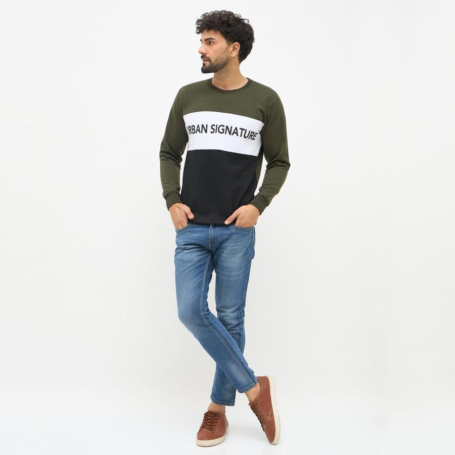 Men's Olive Green and Black Crew Neck Casual Sweatshirt, गहरा हरा, large image number null