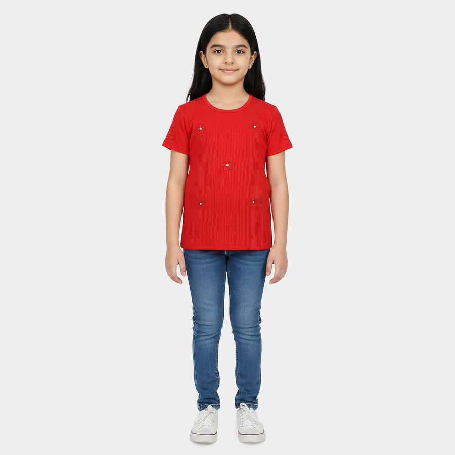 Girls' Red Round Neck Regular T-Shirt, लाल, large