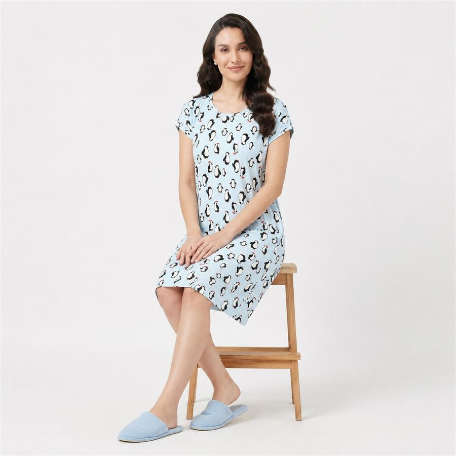 Women Light Blue Round Neck T-Shirt Style Nighty, Light Blue, large