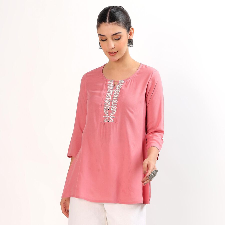 Women's Muted Dusty Pink Keyhole Neck Embroidered Kurti, Purple, large