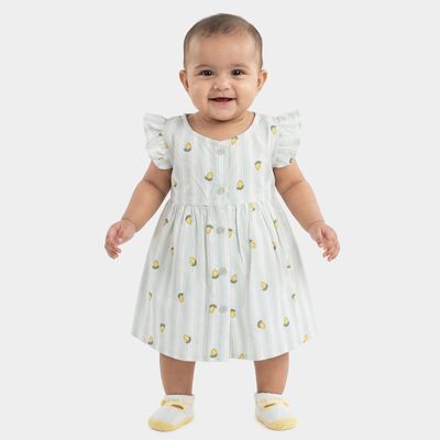 Infants' White and Light Green Lemon Print Ruffle Sleeve Cotton Frock