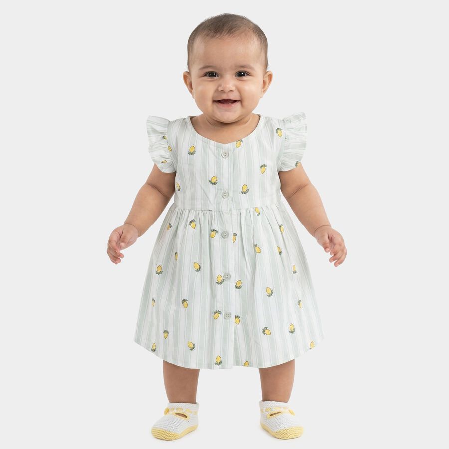 Infants' White and Light Green Lemon Print Ruffle Sleeve Cotton Frock, Light Green, large