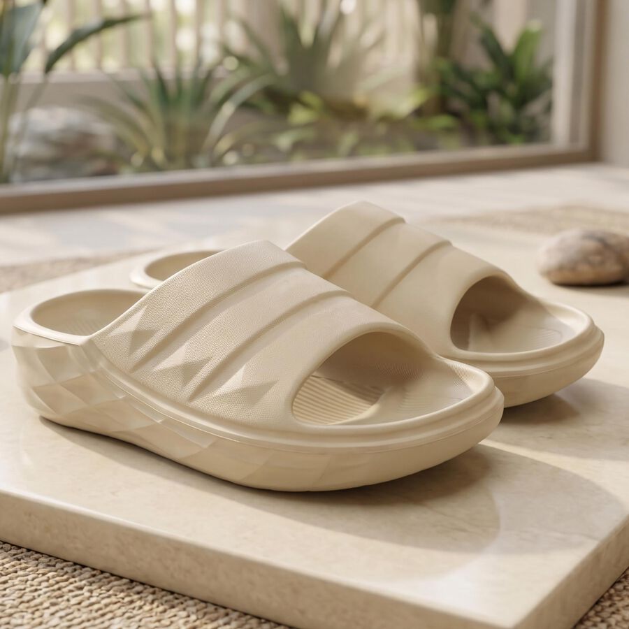 Men's Beige Slip-On Slide Sandals, Beige, large