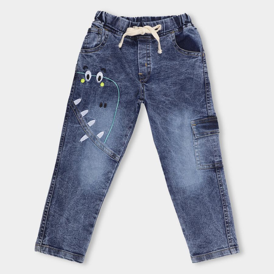Boys' Stonewashed Blue Regular Fit Embroidered Jeans, गहरा नीला, large image number null