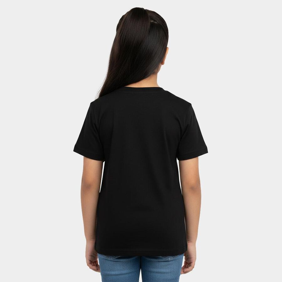 Girls Black Round Neck Casual T-Shirt, काला, large