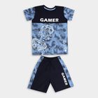 Boys' Navy Cotton Round Neck Graphic Baba Suit, Mid Blue, small image number null