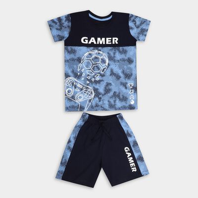 Boys' Navy Cotton Round Neck Graphic Baba Suit