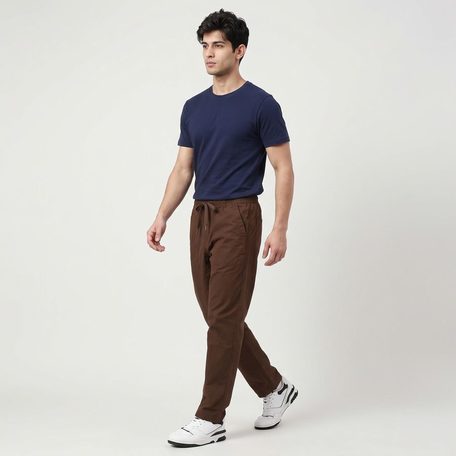 Men's Brown Slim Fit Drawstring Casual Trousers, Brown, large