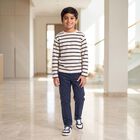 Boys' Cream Crew Neck Striped Pullover, Off White, small