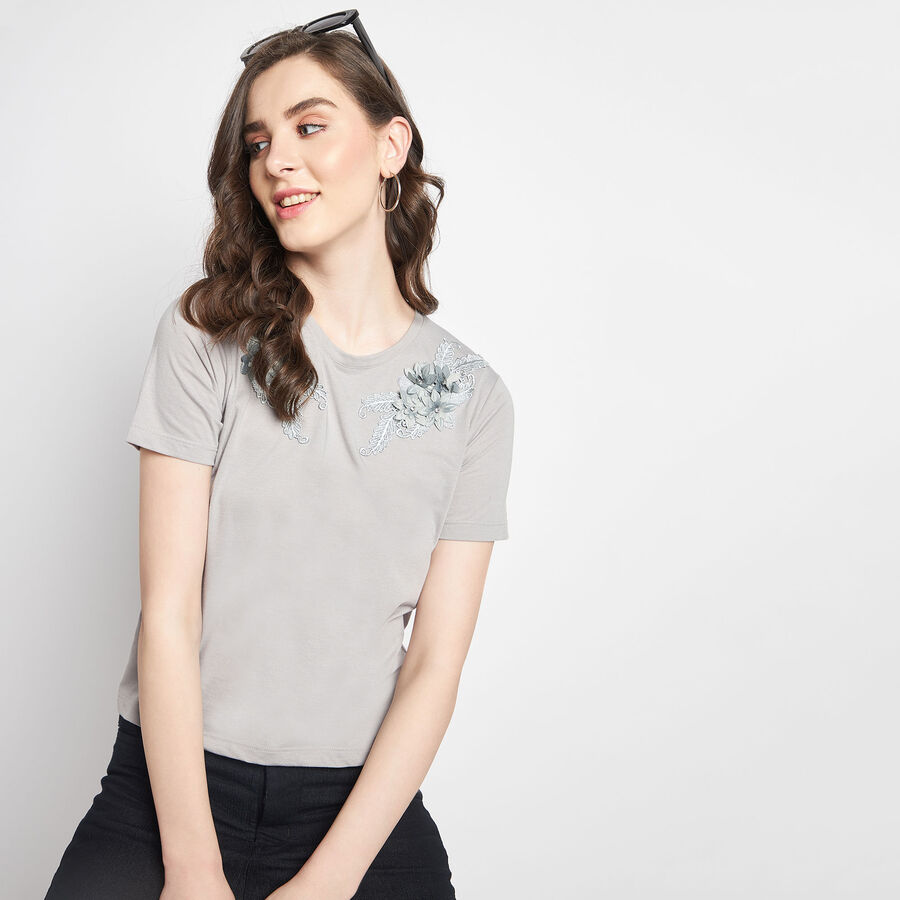 Embellished Round Neck T-Shirt, Dark Grey, large image number null