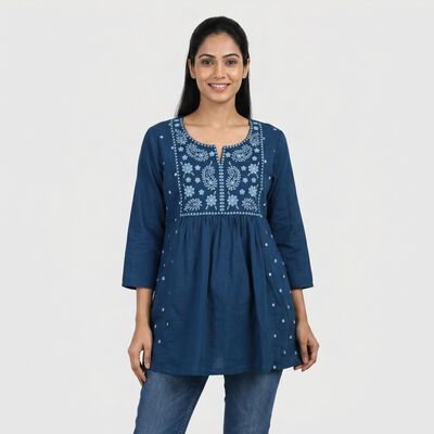 Women's Navy Blue Cotton Notch Neck Embroidered Kurti