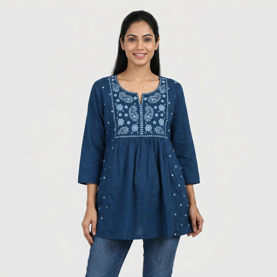 Women's Navy Blue Cotton Notch Neck Embroidered Kurti, Dark Blue, large