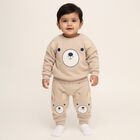 Infants' Beige Cotton Blend Raglan Sleeve Bear Print Baba Suit, Ecru Melange, small image number null