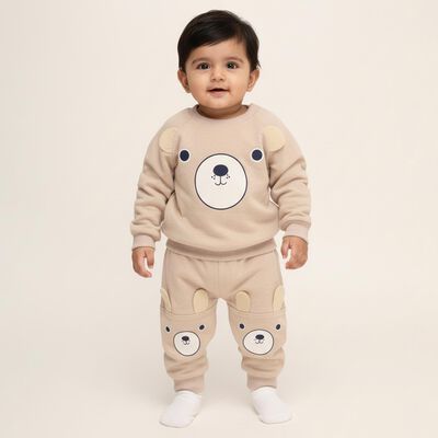 Infants' Beige Cotton Blend Raglan Sleeve Bear Print Baba Suit