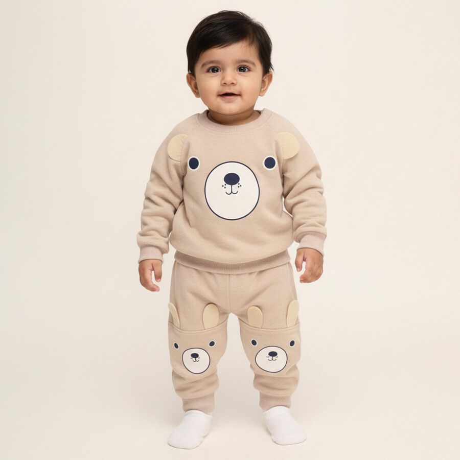 Infants' Beige Cotton Blend Raglan Sleeve Bear Print Baba Suit, Ecru Melange, large image number null