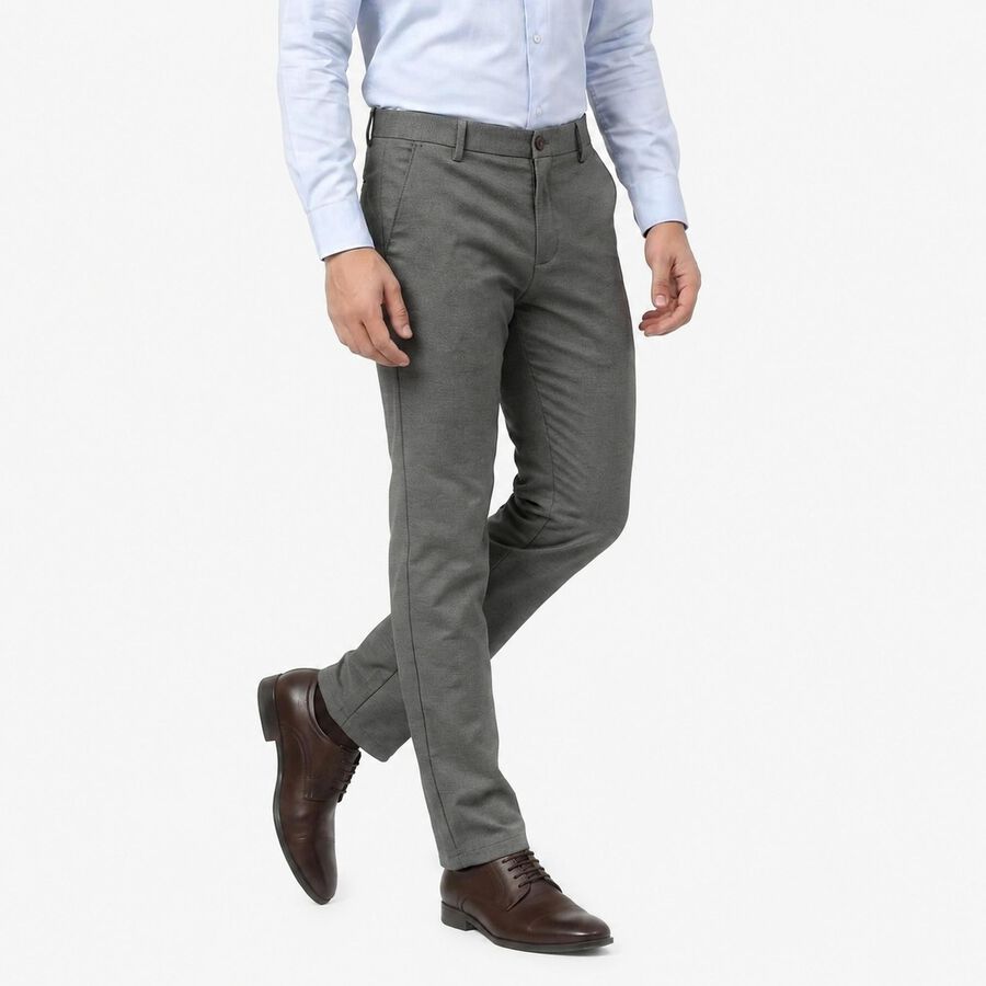 Men's Grey Slim Fit Flat-Front Casual Trousers, हल्का ग्रे, large
