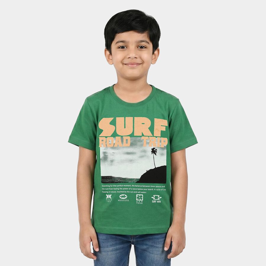 Boys Green Crew Neck Regular Boys T-Shirt, Dark Green, large