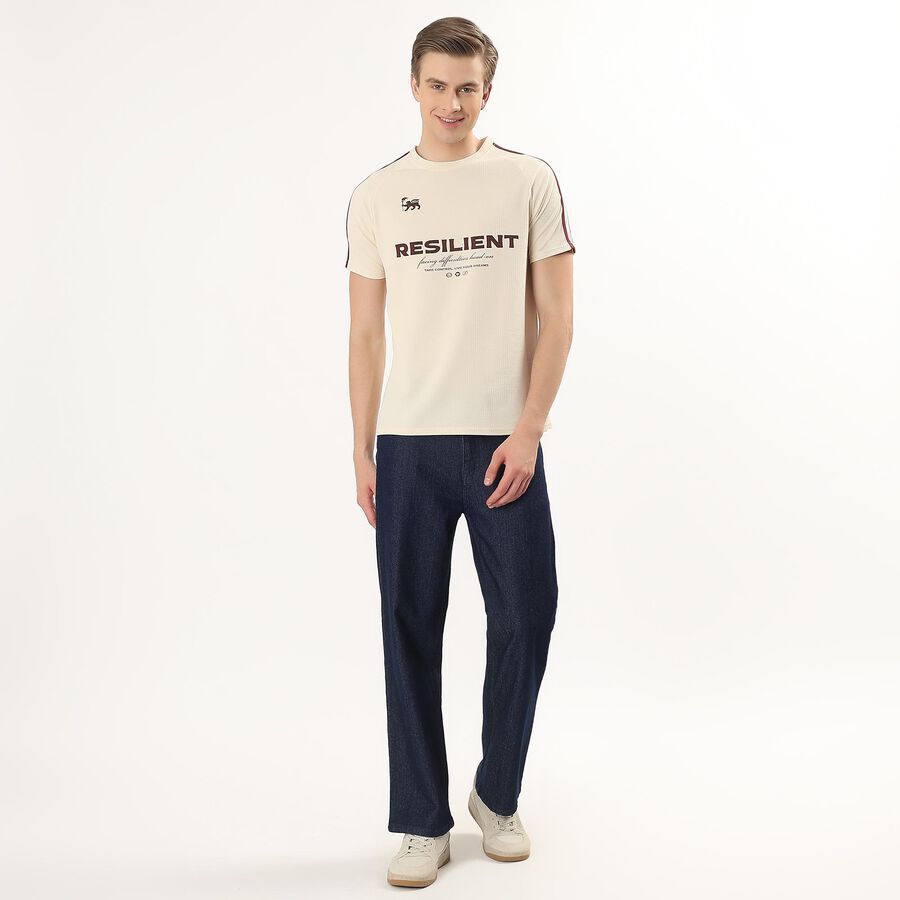 Men's Beige Round Neck Athleisure T-Shirt, Beige, large