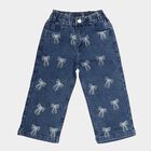 Girls' Mid Blue Straight Fit Bow Printed Jeans, मध्यम नीला, small