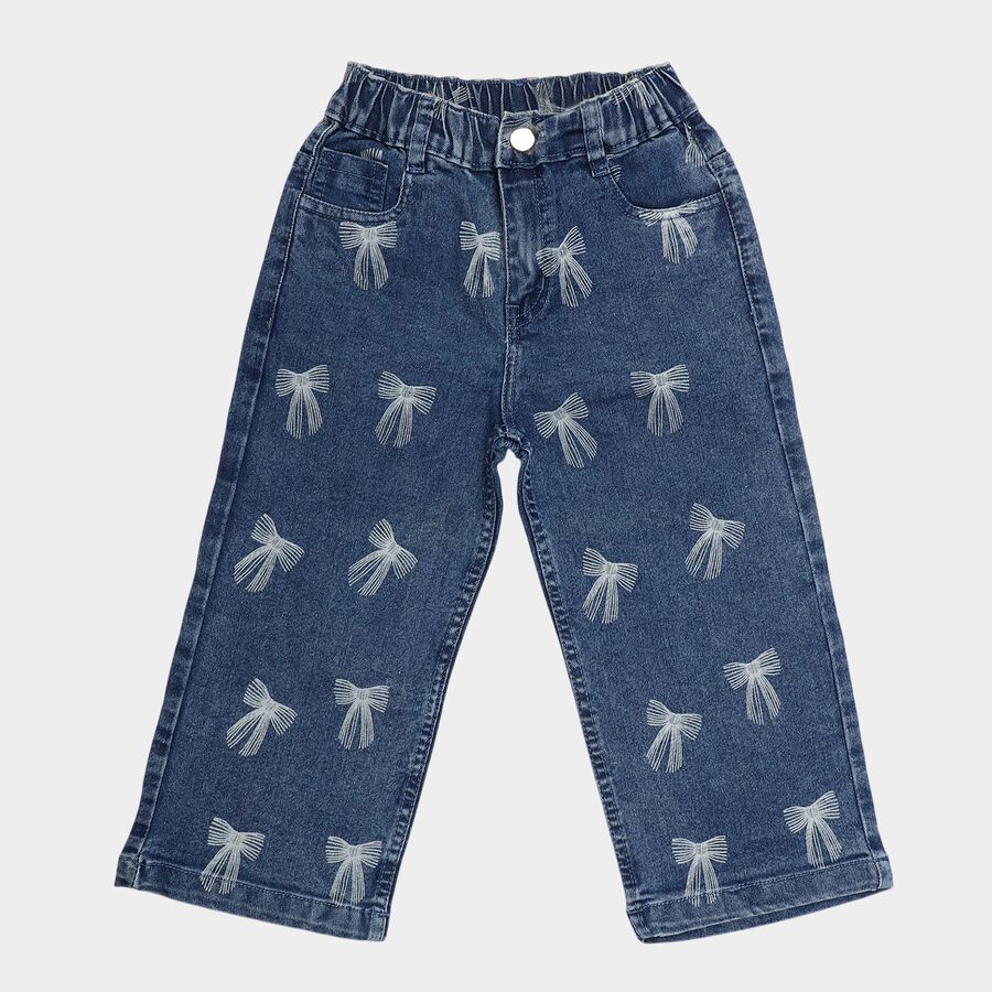 Girls' Mid Blue Straight Fit Bow Printed Jeans, मध्यम नीला, large