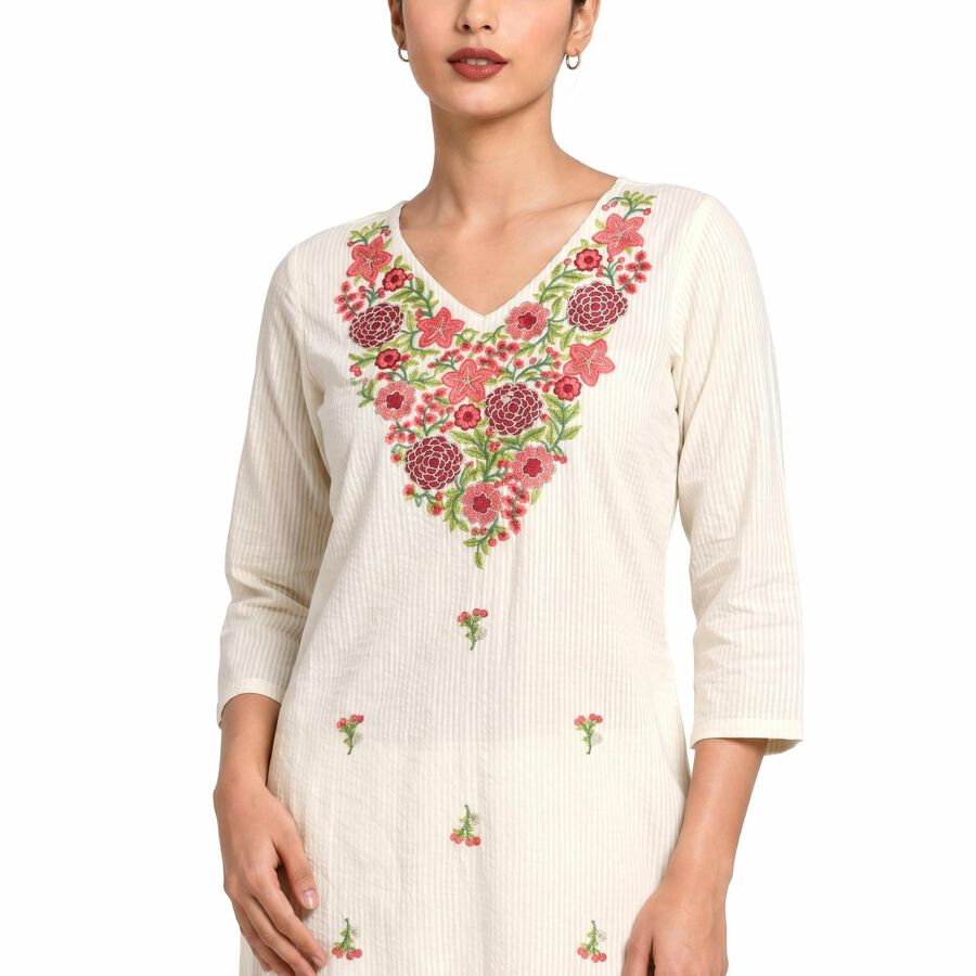 Women's Cream Cotton Embroidered Ethnic Set, Off White, large
