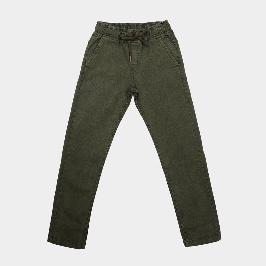 Boys' Olive Green Straight Fit Drawstring Waist Jeans, ओलिव, large