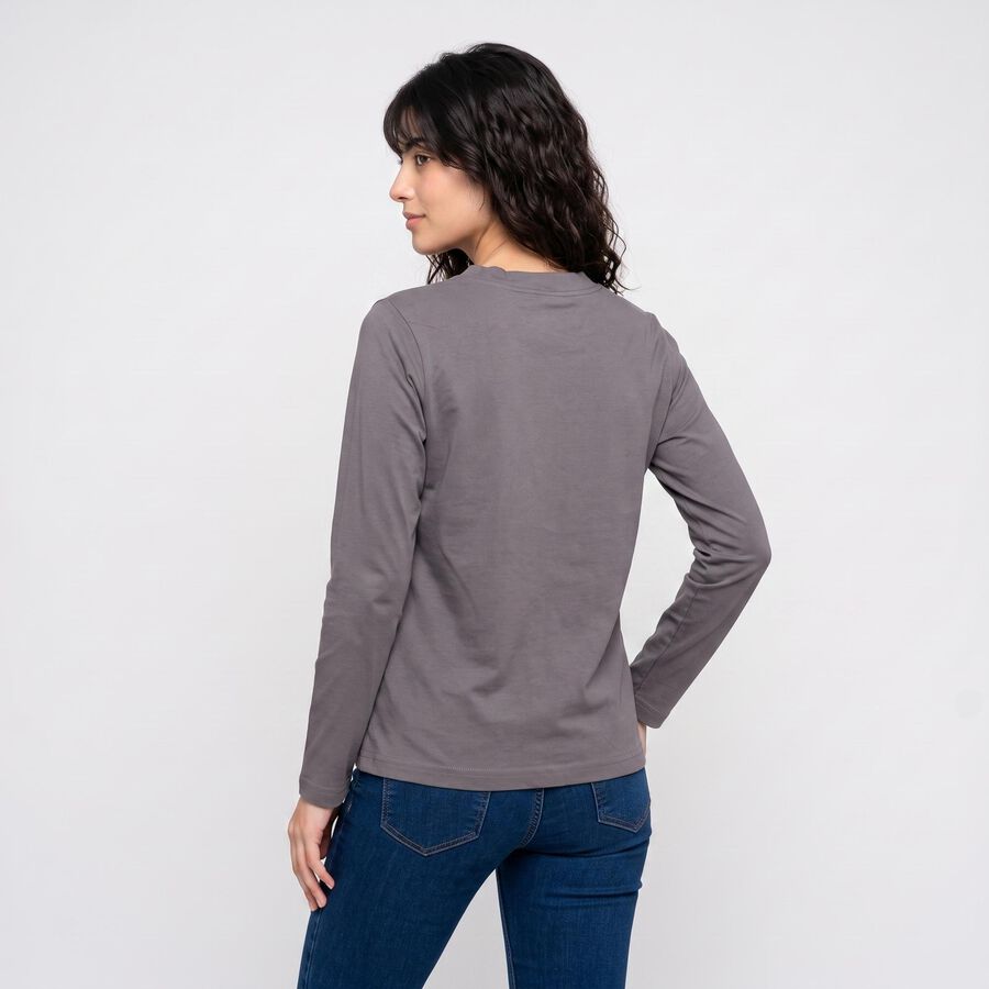 Women's Grey Round Neck Regular Top, गहरा ग्रे, large