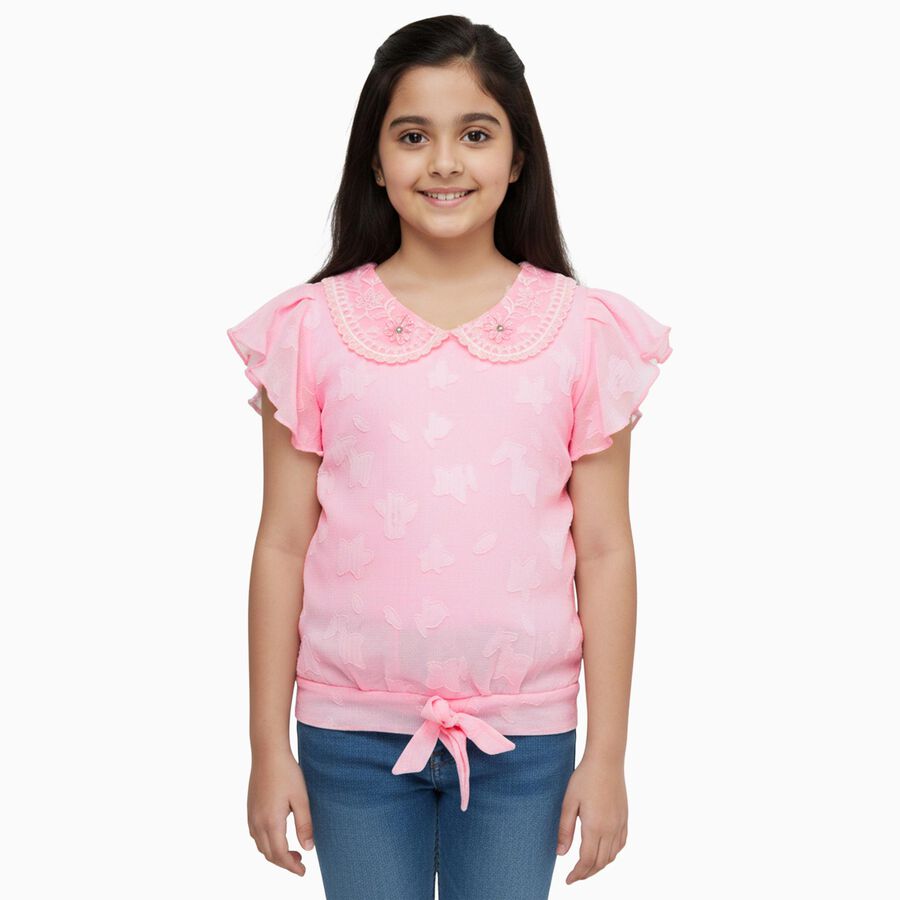 Girls' Bright Fuchsia Pink Round Neck Casual T-Shirt, गुलाबी, large