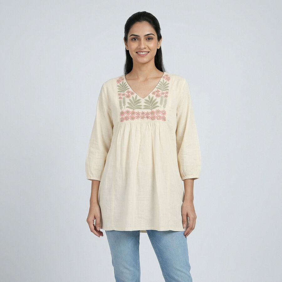 Women's Off-White Cotton Round Neck Solid Kurti, ऑफ व्हाइट, large