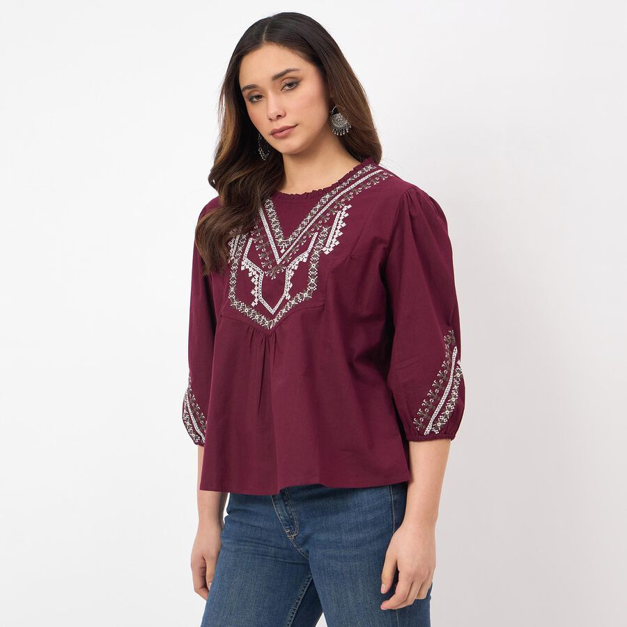 Women's Wine Cotton Round Neck Side Tie-Up Top, Wine, large